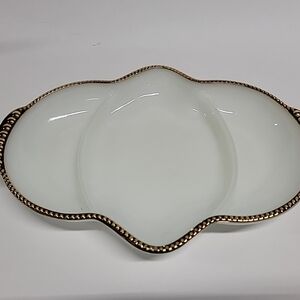 Fire-King Oven Ware Gold Trimmed Milk Glass Divided Serving Dish
